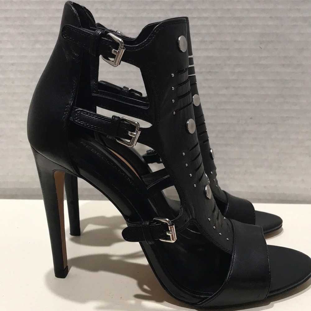 REBECCA MINKOFF Black Leather Gladiator Heels